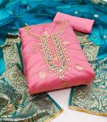 Women's pink unstitched hand work organza jacquard dress material