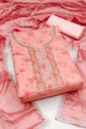 Women's peach unstitched hand work cotton jacquard dress material 