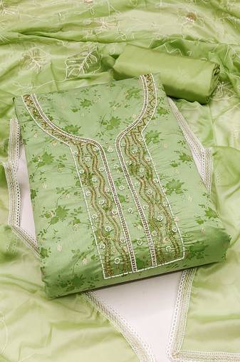 Women's pista green unstitched hand work cotton jacquard dress material 