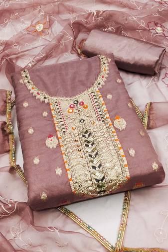 Women's peach unstitched banarasi jari weaving work organza jacquard dress material 