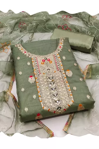 Women's sea green banarasi jari weaving work organza jacquard dress material