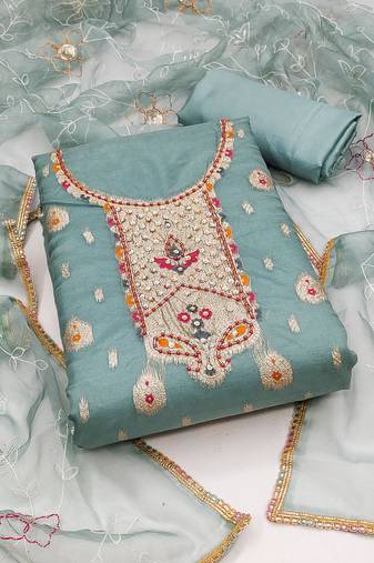 Women's sea green unstitched banarasi jari weaving work organza jacquard dress material 