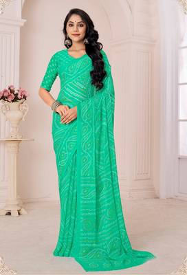 Green color bandhani print chiffon printed saree and printed blouse piece 1