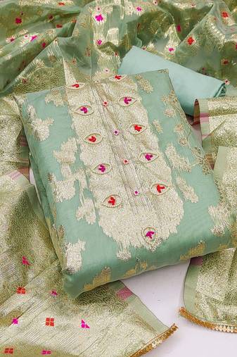 Women's sea green unstitched banarasi jari weaving work banarasi jacquard dress material 