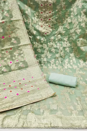 Women's sea green banarasi jari weaving work banarasi jacquard dress material