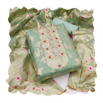Women's sea green banarasi jari weaving work banarasi jacquard dress material 3