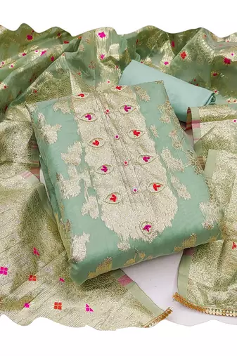 Women's sea green banarasi jari weaving work banarasi jacquard dress material