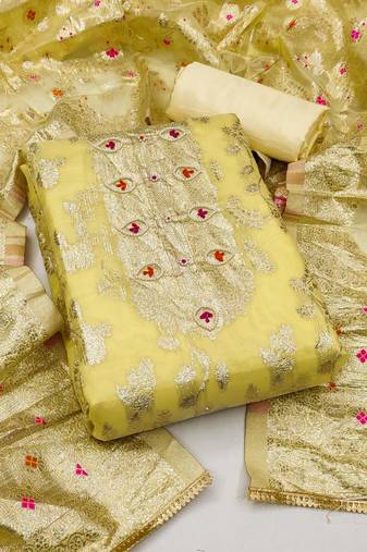 Women's yellow unstitched banarasi jari weaving work banarasi jacquard dress material 