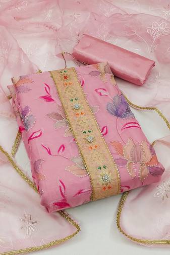 Women's pink unstitched heavy sequence organza dress material 