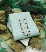 Women's sea green hand work cembric cotton dress material