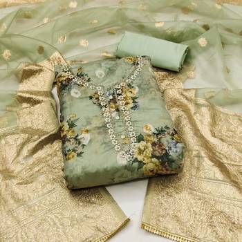 Women's sea green hand work organza dress material 1