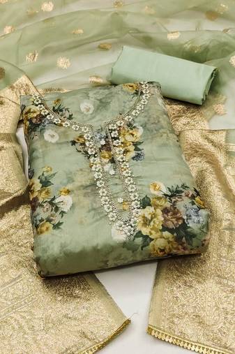 Women's sea green unstitched hand work organza dress material 