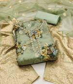 Women's sea green unstitched hand work organza dress material