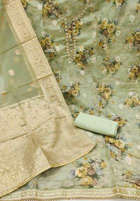 Women's sea green hand work organza dress material 2