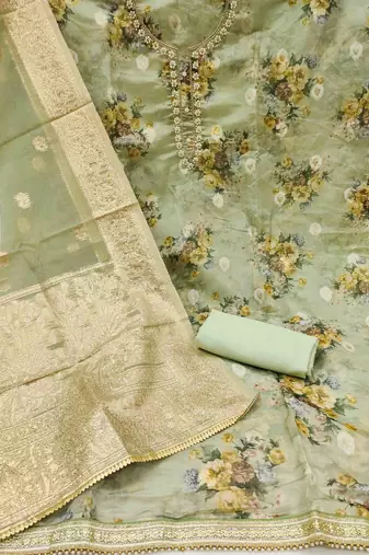 Women's sea green hand work organza dress material