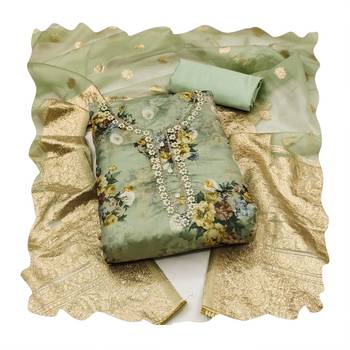 Women's sea green hand work organza dress material 3