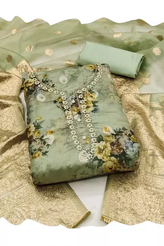 Women's sea green hand work organza dress material