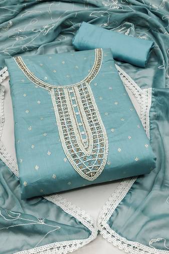 Women's teal blue unstitched hand work modal cotton dress material 