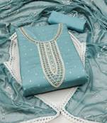 Women's teal blue unstitched hand work modal cotton dress material