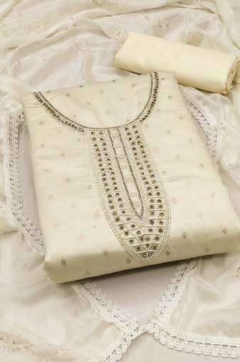 Women's off white unstitched hand work modal cotton dress material 