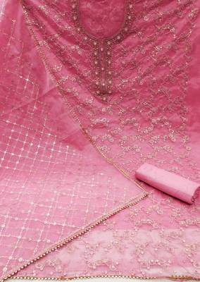 Women's pink heavy sequence and hand work pure organza dress material 1