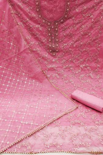 Women's pink unstitched heavy sequence and hand work pure organza dress material 