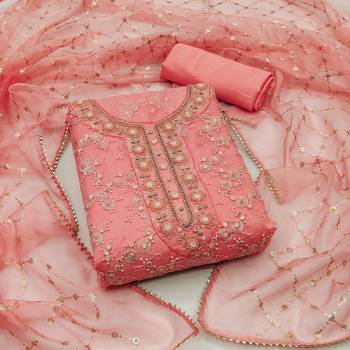 Women's peach heavy sequence and hand work pure organza dress material 1