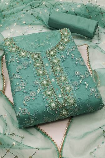 Women's sea green unstitched heavy sequence and hand work pure organza dress material 