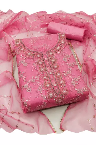 Women's pink heavy sequence and hand work pure organza dress material