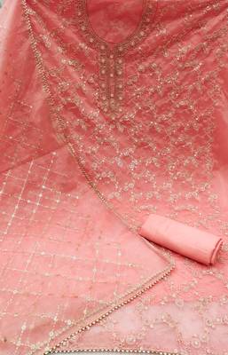 Women's peach heavy sequence and hand work pure organza dress material 2