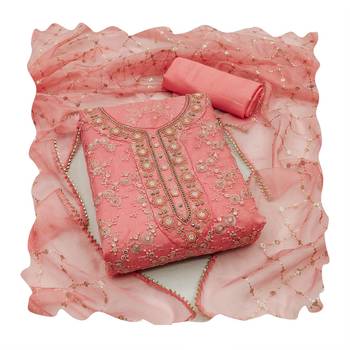 Women's peach heavy sequence and hand work pure organza dress material 3