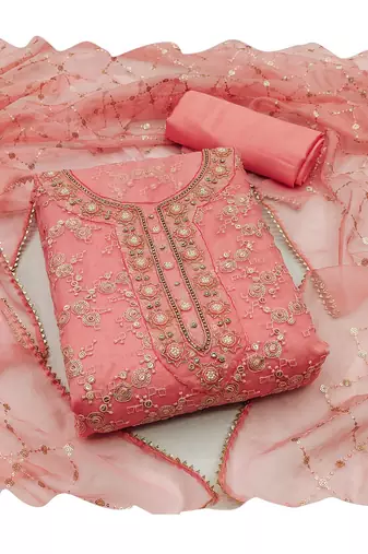 Women's peach heavy sequence and hand work pure organza dress material