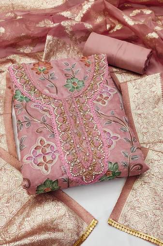 Women's pink unstitched handwork organza dress material 