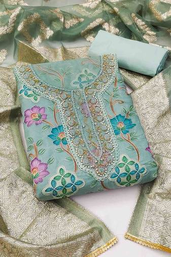 Women's sky blue unstitched handwork organza dress material 