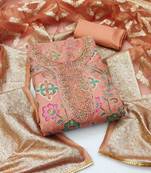 Women's peach unstitched handwork organza dress material