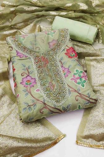 Women's pista green unstitched handwork organza dress material 