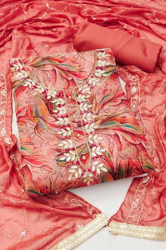 Women's peach unstitched handwork organza dress material 