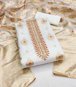 Women's white unstitched handwork organza jacquard dress material