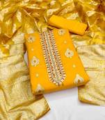 Women's yellow unstitched handwork organza jacquard dress material 
