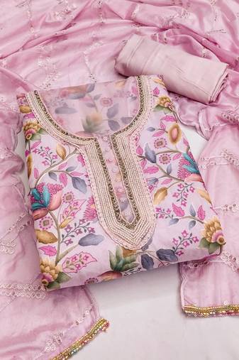 Women's baby pink unstitched handwork organza dress material 