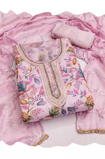 Women's baby pink handwork organza dress material