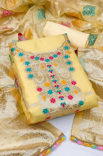 Women's yellow unstitched banarasi jari weaving work organza jacquard dress material (msmfc11313d)