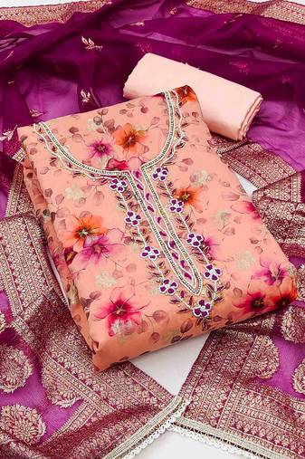 Women's peach unstitched hand work organza dress material 