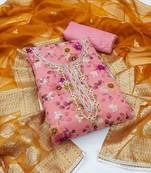 Women's pink unstitched hand work organza dress material