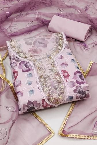Women's light purple unstitched thread work organza dress material 