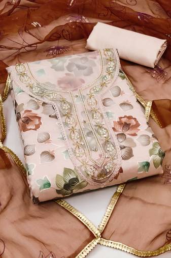 Women's light peach unstitched thread work organza dress material 