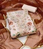 Women's light peach unstitched thread work organza dress material 