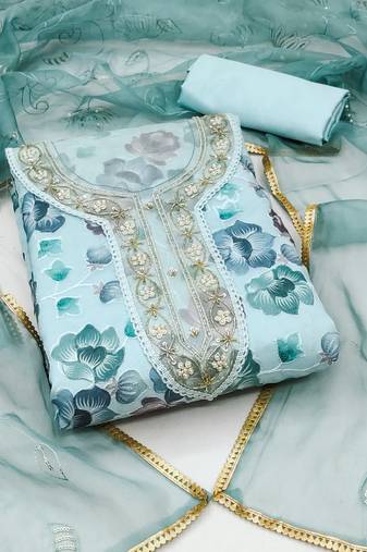 Women's light blue unstitched thread work organza dress material 