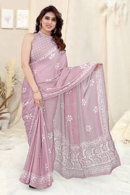 Pink Batik printed Chiffon casual wear saree 1