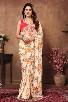 Cream Colour Ready To Wear Georgette Fabric Saree WITH UN-STITCHED BLOUSE 1